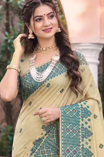 beige with teal blue silk blend woven work traditional saree