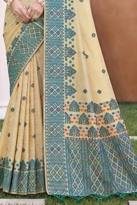 beige with teal blue silk blend woven work traditional saree 3