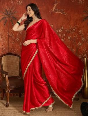 Red tissue satin embrellished saree with unstitched blouse piece. 2