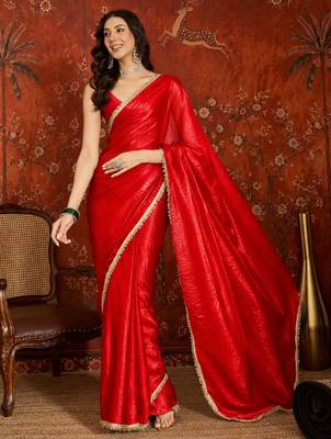 Red tissue satin embrellished saree with unstitched blouse piece. 3