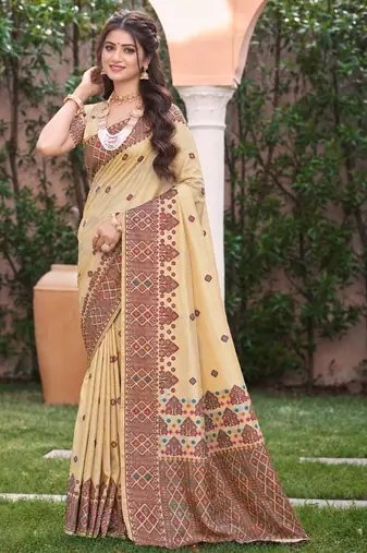 beige with wine silk blend woven work traditional saree