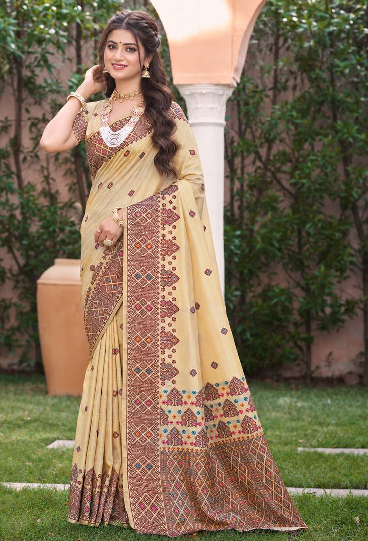beige with wine silk blend woven work traditional saree