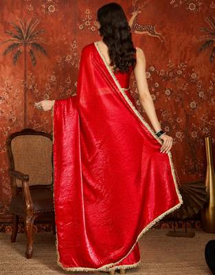 Red tissue satin embrellished saree with unstitched blouse piece. 4