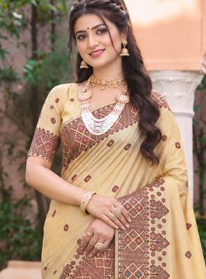 beige with wine silk blend woven work traditional saree 2