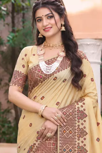 beige with wine silk blend woven work traditional saree