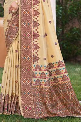 beige with wine silk blend woven work traditional saree 3