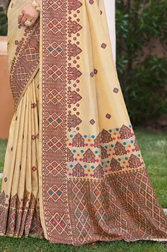 beige with wine silk blend woven work traditional saree