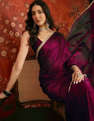 Wine tissue satin embrellished saree with unstitched blouse piece. 1