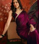Wine tissue satin embrellished saree with unstitched blouse piece.