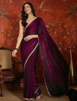 Wine tissue satin embrellished saree with unstitched blouse piece. 2