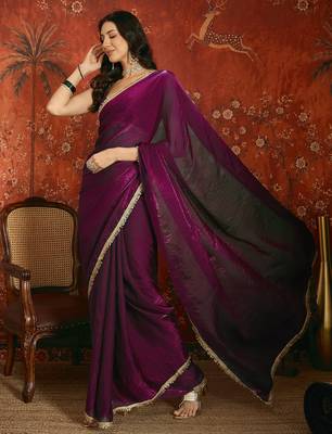 Wine tissue satin embrellished saree with unstitched blouse piece. 3