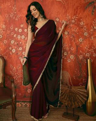 Wine tissue satin embrellished saree with unstitched blouse piece. 4