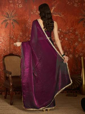 Wine tissue satin embrellished saree with unstitched blouse piece. 5