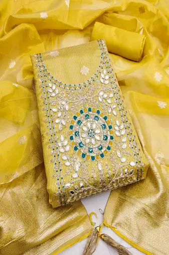 embroidered shimmer unstitched dress material with mirror work yoke