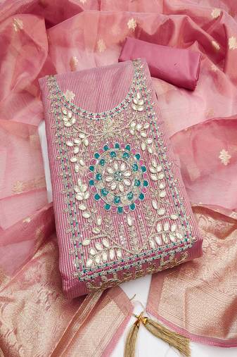  embroidered shimmer unstitched dress material with mirror work yoke