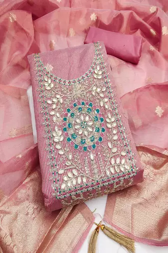  embroidered shimmer unstitched dress material with mirror work yoke