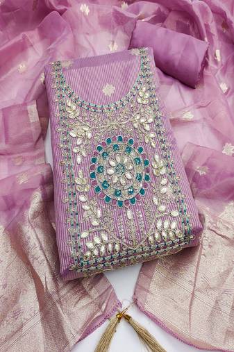 embroidered shimmer unstitched dress material with mirror work yoke