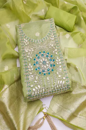  embroidered shimmer unstitched dress material with mirror work yoke