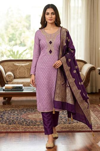  lilac & dark purple embroidered unstitched dress material with banarasi dupatta