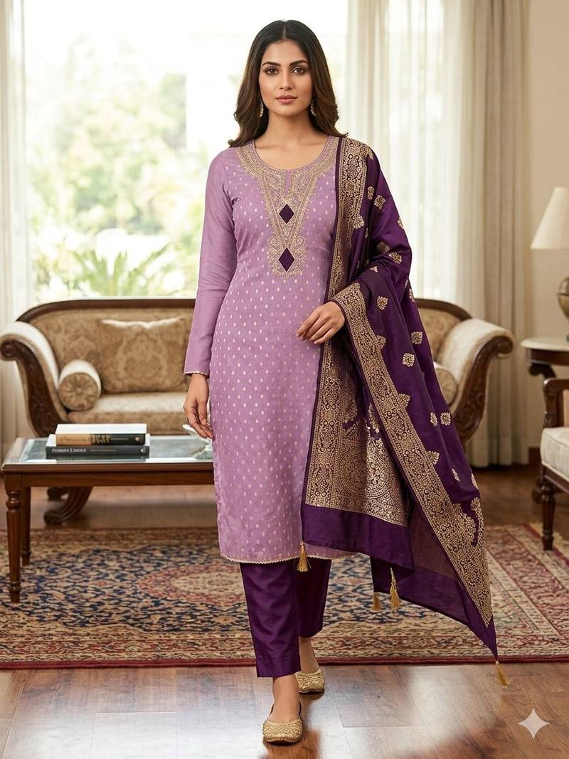  lilac & dark purple embroidered unstitched dress material with banarasi dupatta