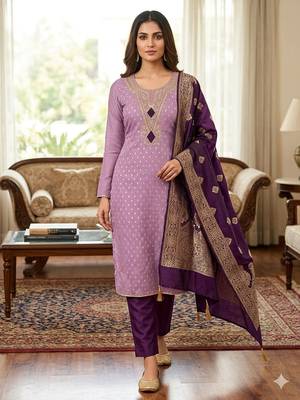  lilac & dark purple embroidered unstitched dress material with banarasi dupatta 1
