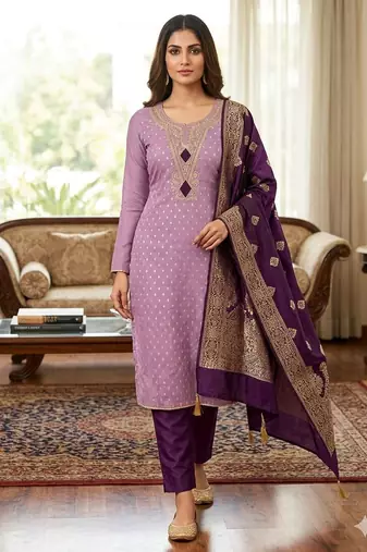  lilac & dark purple embroidered unstitched dress material with banarasi dupatta