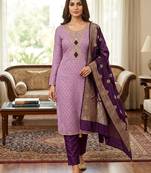  lilac & dark purple embroidered unstitched dress material with banarasi dupatta