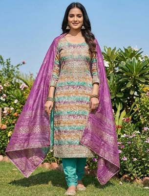 multi-coloured embroidered roman print unstitched dress material 1