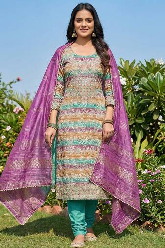 multi-coloured embroidered roman print unstitched dress material