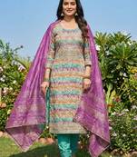 multi-coloured embroidered roman print unstitched dress material