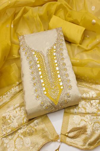  beige & contrast embroidered shimmer unstitched dress material with mirror work