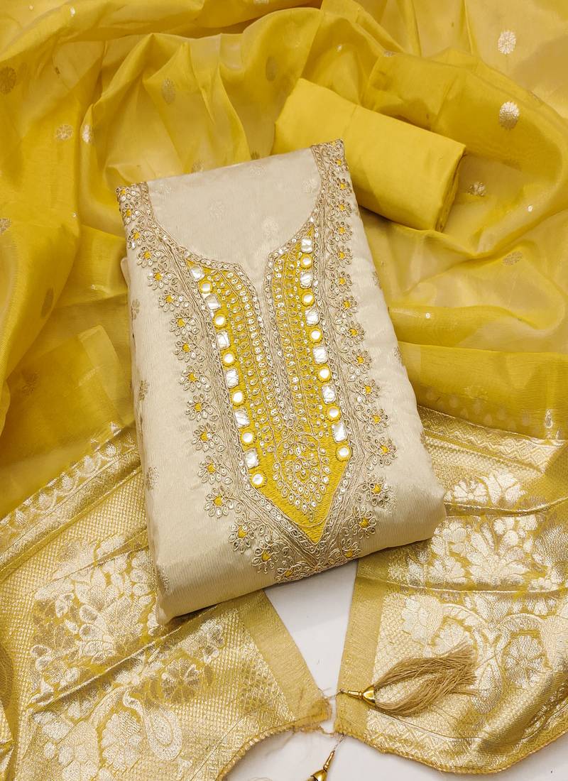  beige & contrast embroidered shimmer unstitched dress material with mirror work