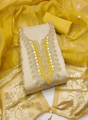  beige & contrast embroidered shimmer unstitched dress material with mirror work 1