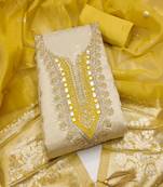  beige & contrast embroidered shimmer unstitched dress material with mirror work