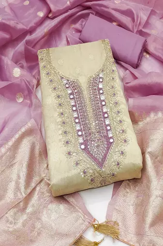  beige & contrast embroidered shimmer unstitched dress material with mirror work