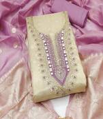  beige & contrast embroidered shimmer unstitched dress material with mirror work