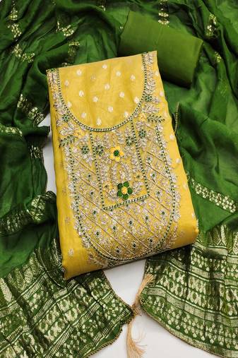  embroidered shimmer unstitched dress material with chanderi jacquard dupatta
