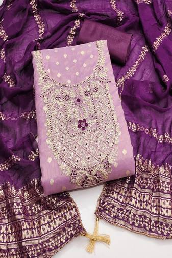  embroidered shimmer unstitched dress material with chanderi jacquard dupatta