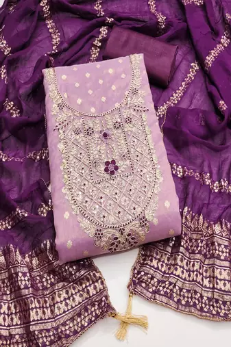  embroidered shimmer unstitched dress material with chanderi jacquard dupatta