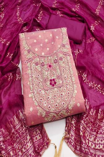  embroidered shimmer unstitched dress material with chanderi jacquard dupatta