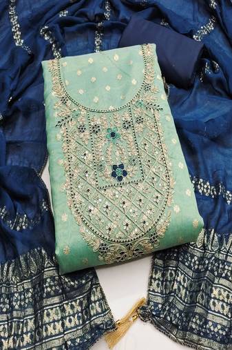  embroidered shimmer unstitched dress material with chanderi jacquard dupatta