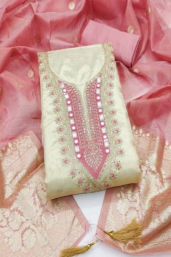  beige & contrast embroidered shimmer unstitched dress material with mirror work