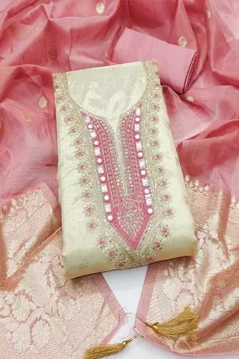  beige & contrast embroidered shimmer unstitched dress material with mirror work