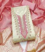  beige & contrast embroidered shimmer unstitched dress material with mirror work