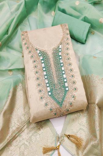  beige & contrast embroidered shimmer unstitched dress material with mirror work