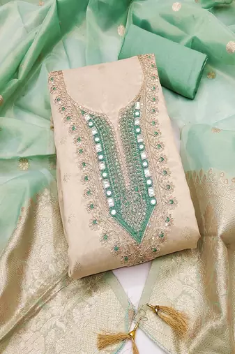  beige & contrast embroidered shimmer unstitched dress material with mirror work