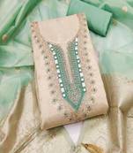  beige & contrast embroidered shimmer unstitched dress material with mirror work