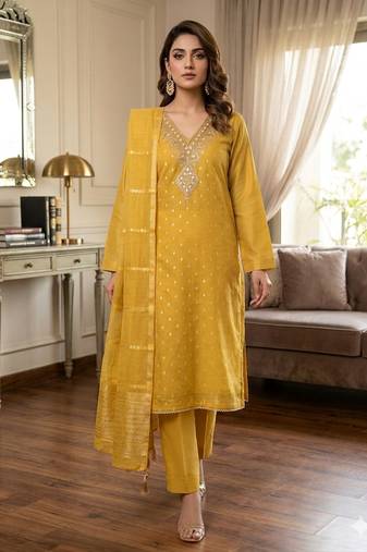  yellow embroidered v-neck unstitched dress material with shimmer dupatta