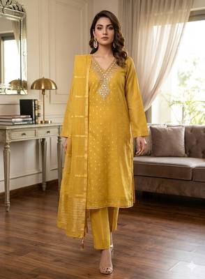  yellow embroidered v-neck unstitched dress material with shimmer dupatta 1