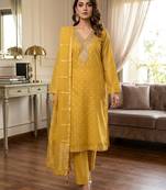 yellow embroidered v-neck unstitched dress material with shimmer dupatta